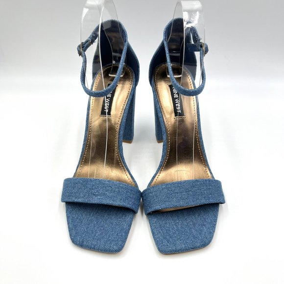 Nine West Womens Size 7.5 Denim Blue Square Toe Block Heels Sandals Shoes 7.5M - Picture 2 of 14
